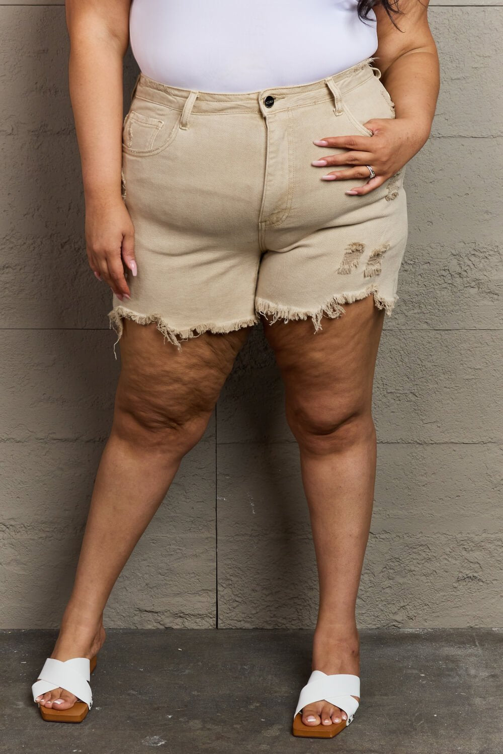 High Waisted Distressed Denim Shorts in SandShortsRISEN