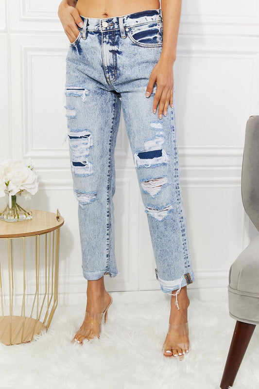 100% Cotton High Rise Distressed Straight Leg Light Acid Wash JeansJeansKancan