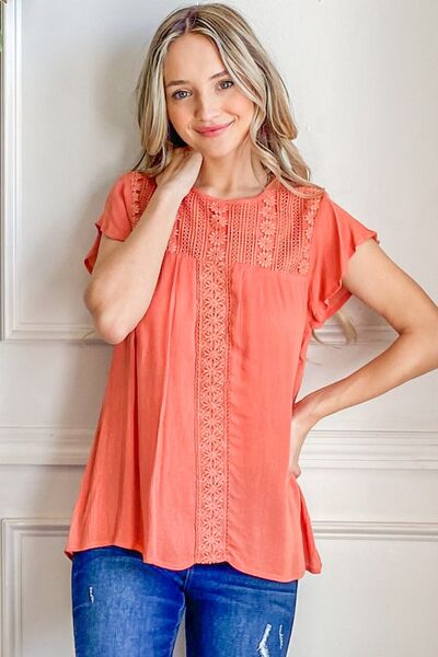 Lace Detail Ruffle Short Sleeve Blouse in CoralBlouseAnd the Why