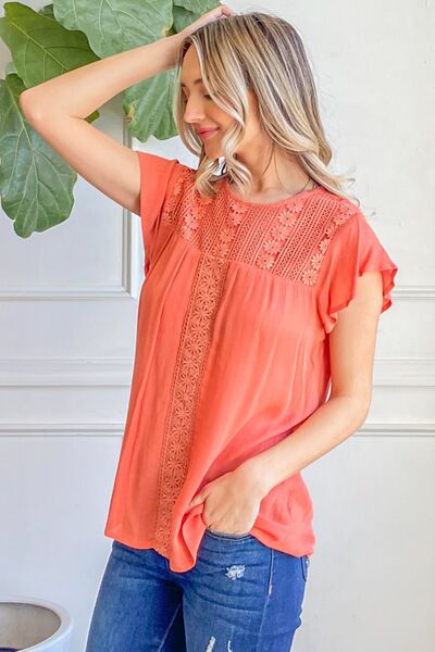 Lace Detail Ruffle Short Sleeve Blouse in CoralBlouseAnd the Why