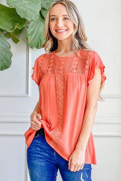 Lace Detail Ruffle Short Sleeve Blouse in CoralBlouseAnd the Why