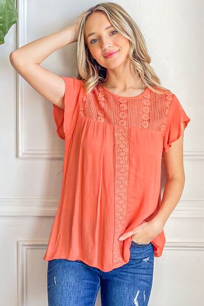 Lace Detail Ruffle Short Sleeve Blouse in CoralBlouseAnd the Why