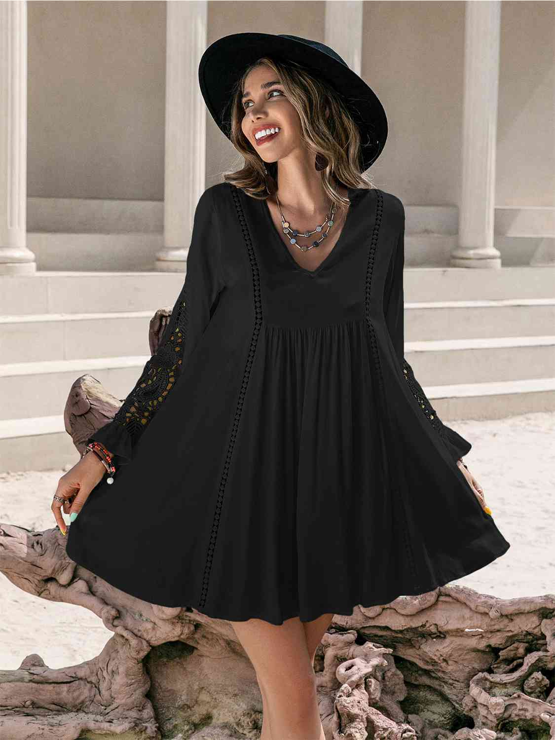 Lace Detail V-Neck Mini Dress in BlackMini DressBeach Rose Co.