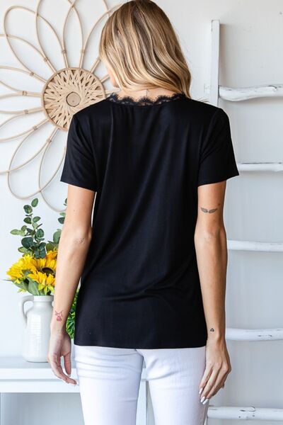 Lace Detail V-Neck Short Sleeve T-Shirt in BlackT-ShirtHeimish