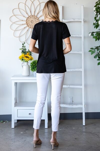 Lace Detail V-Neck Short Sleeve T-Shirt in BlackT-ShirtHeimish