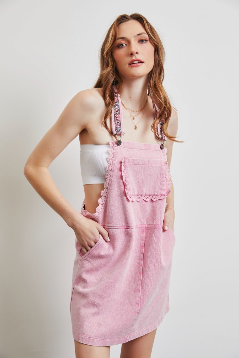 Lace Trim Overall Mini Dress in Washed PinkMini DressHEYSON