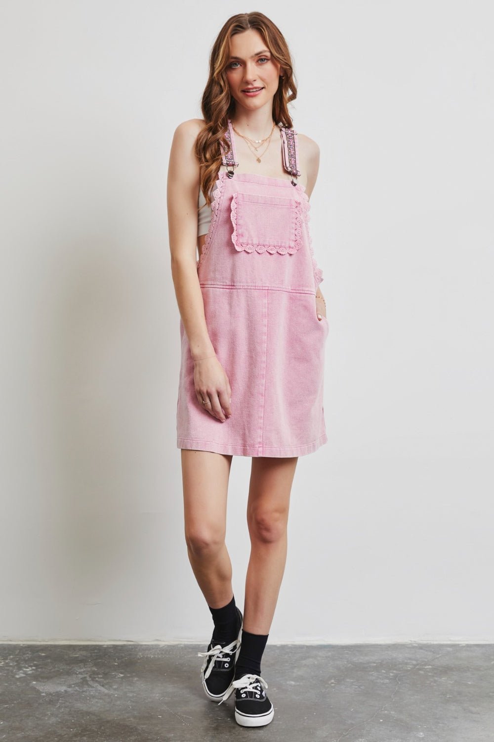 Lace Trim Overall Mini Dress in Washed PinkMini DressHEYSON