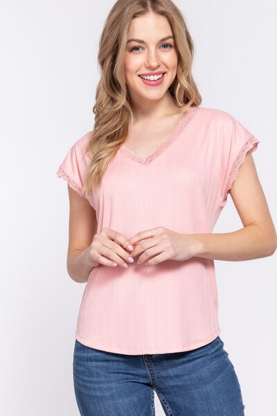 Lace Trim V-Neck Short Sleeve Ribbed Top in PinkTopACTIVE BASIC