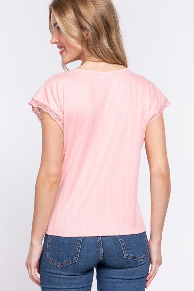 Lace Trim V-Neck Short Sleeve Ribbed Top in PinkTopACTIVE BASIC