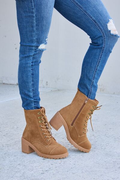 Lace-Up Zipper Detail Block Heel Boots in TanBootsForever Link