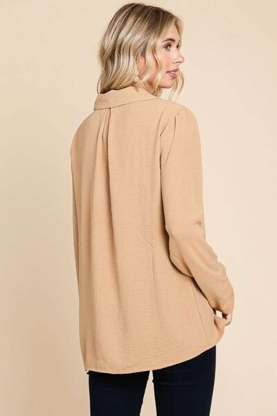 Lapel Collar Ruched Long Sleeve Blouse in IcedBlouseCulture Code