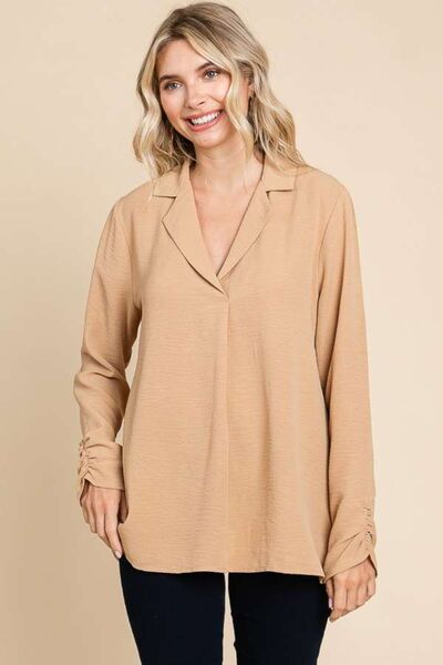 Lapel Collar Ruched Long Sleeve Blouse in IcedBlouseCulture Code
