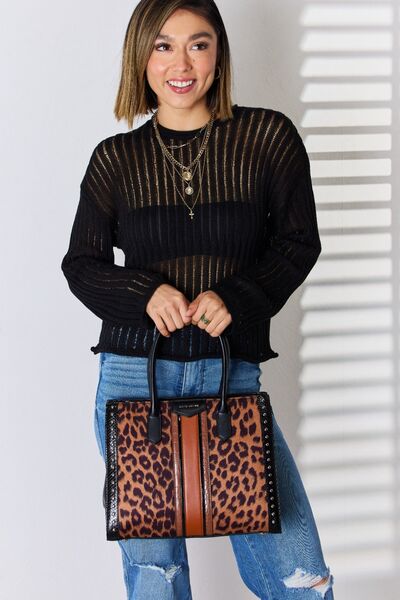 Leopard Contrast Vegan Leather Rivet Handbag in BlackHandbagDavid Jones
