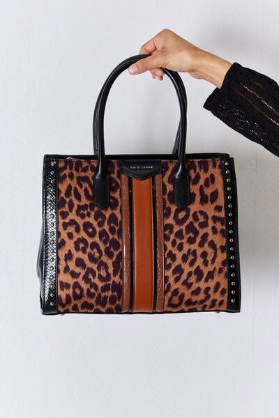 Leopard Contrast Vegan Leather Rivet Handbag in BlackHandbagDavid Jones