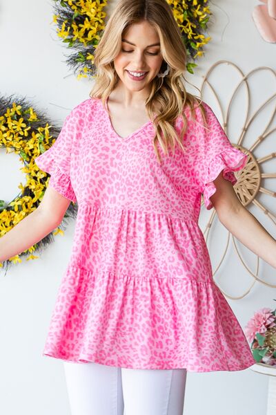 Leopard Ruffle Trim Short Sleeve Top in PinkTopHeimish