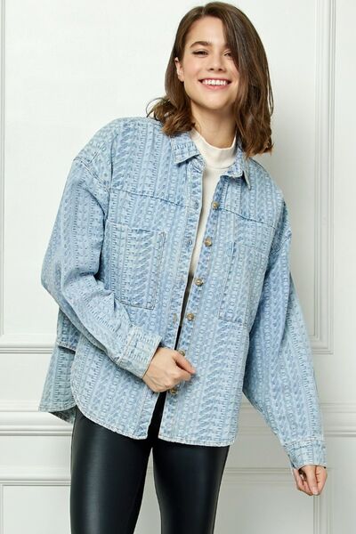 Light Wash Button Up Dropped Shoulder Denim TopTopVEVERET