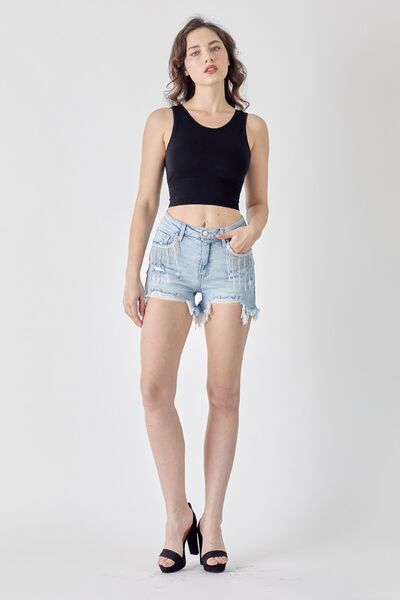 Light Wash Frayed Rhinestone Fringe Denim ShortsShortsRISEN