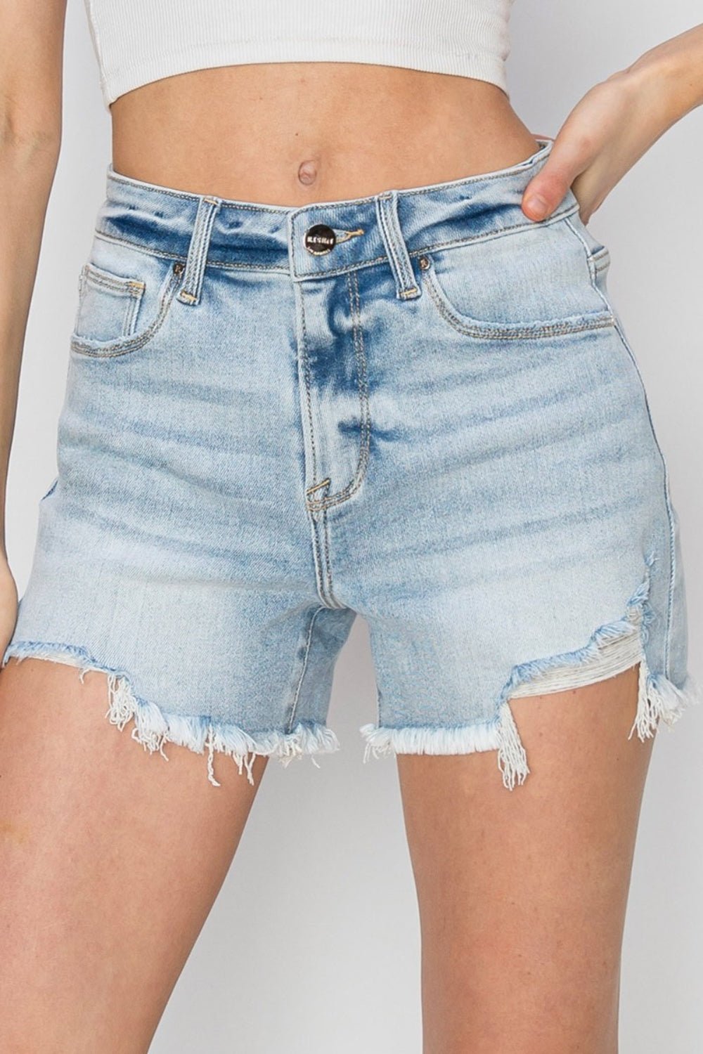 Light Wash High Waist Frayed Detail Denim ShortsShortsRISEN