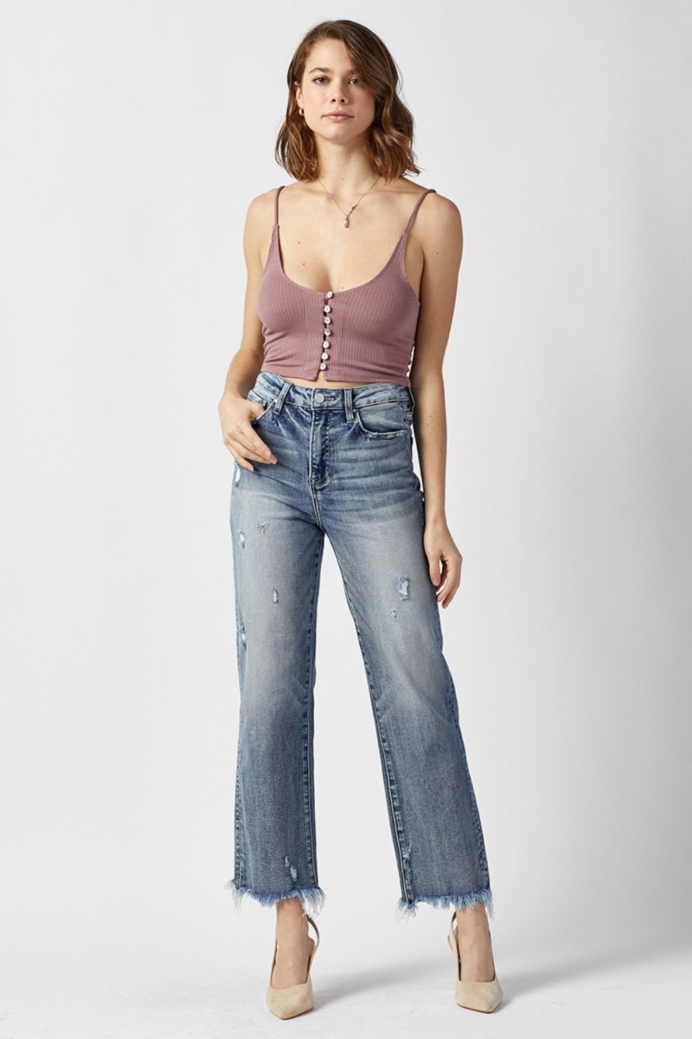 Light Wash High Waist Raw Hem JeansJeansRISEN