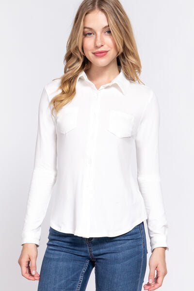 Long Sleeve Brushed Knit Shirt in WhiteShirtACTIVE BASIC