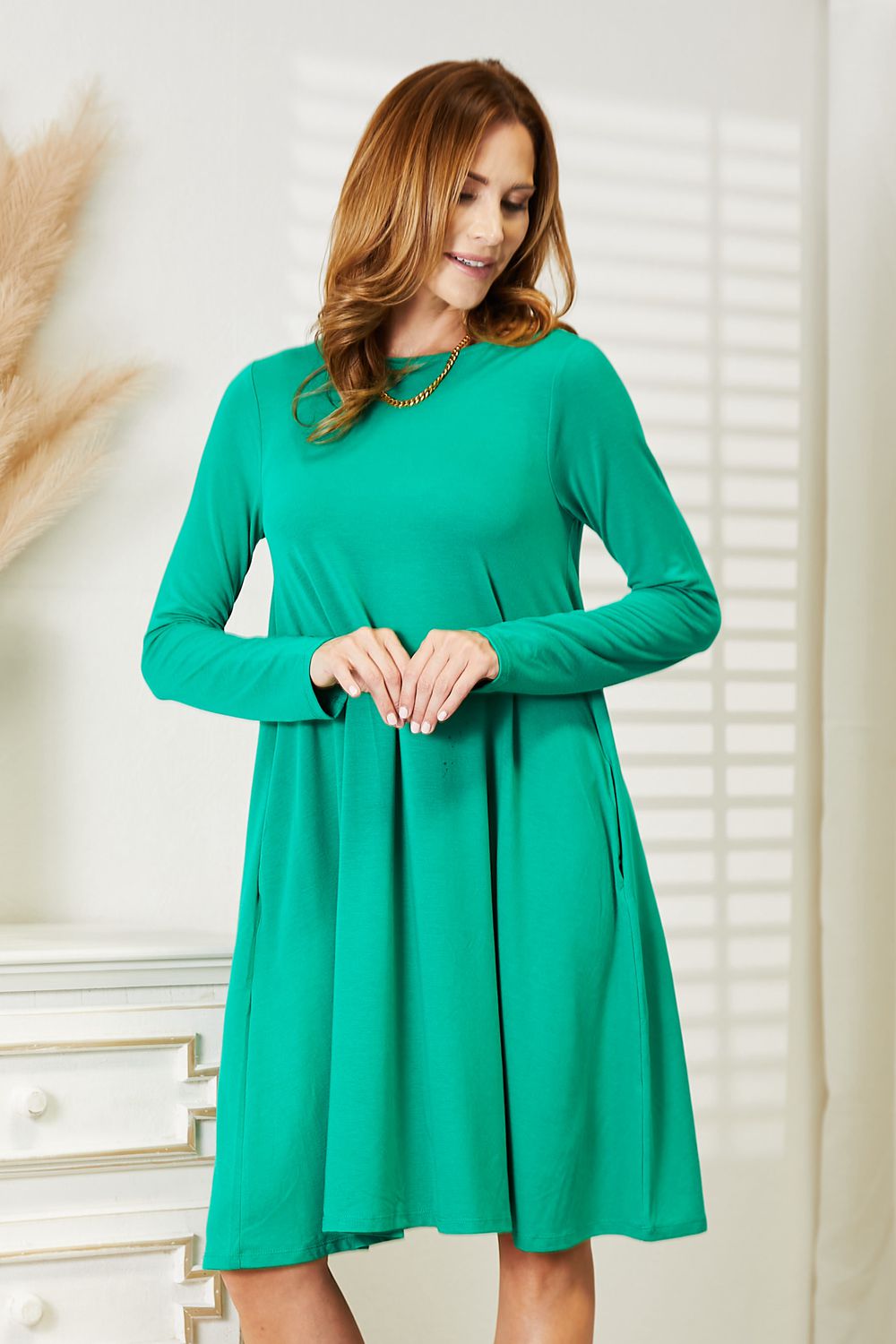 Long Sleeve Knee-Length Flare Dress with PocketsKnee-Length DressZenana