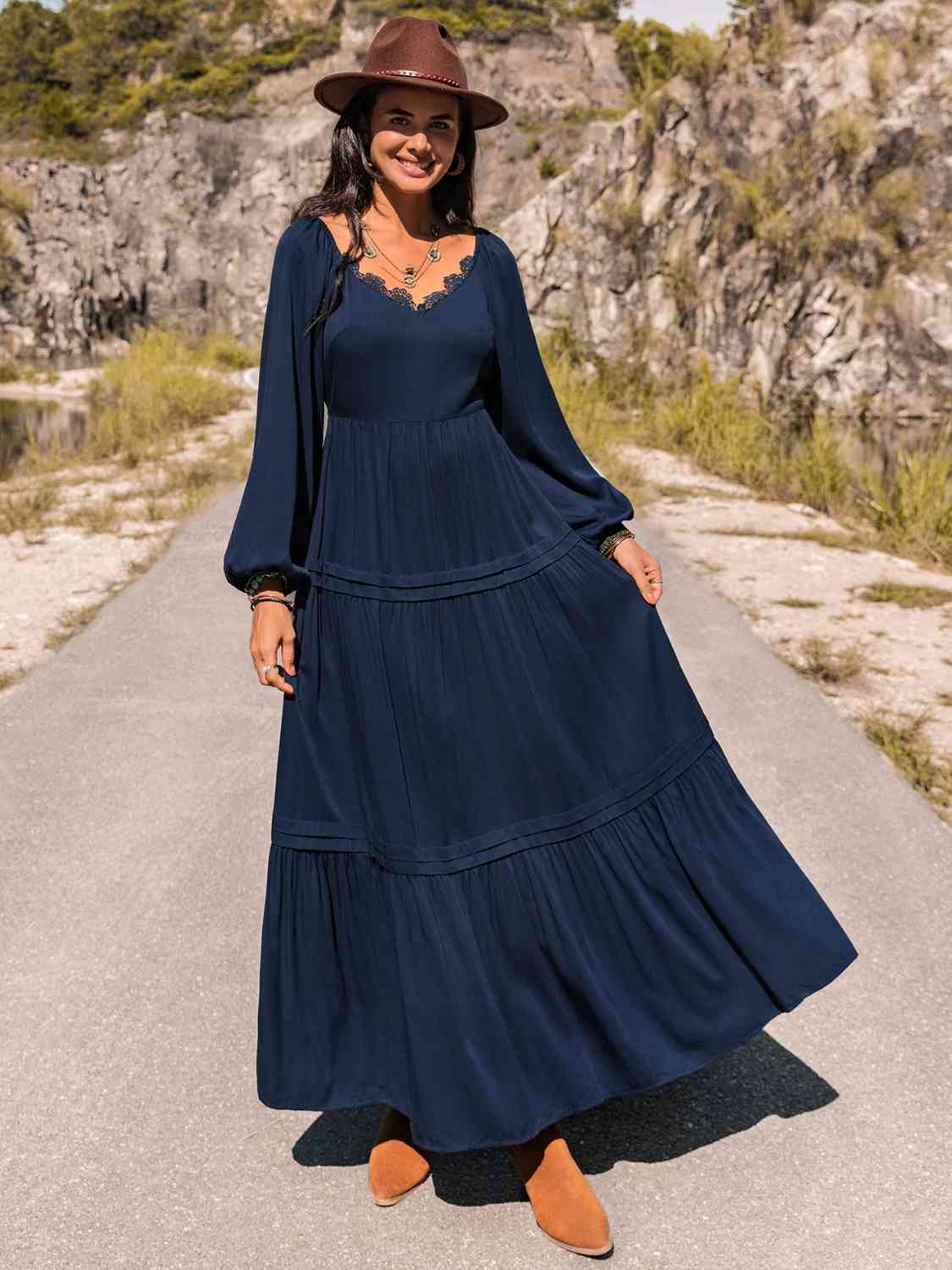 Long Sleeve Lace Trim Maxi Dress in NavyMaxi DressBeach Rose Co.