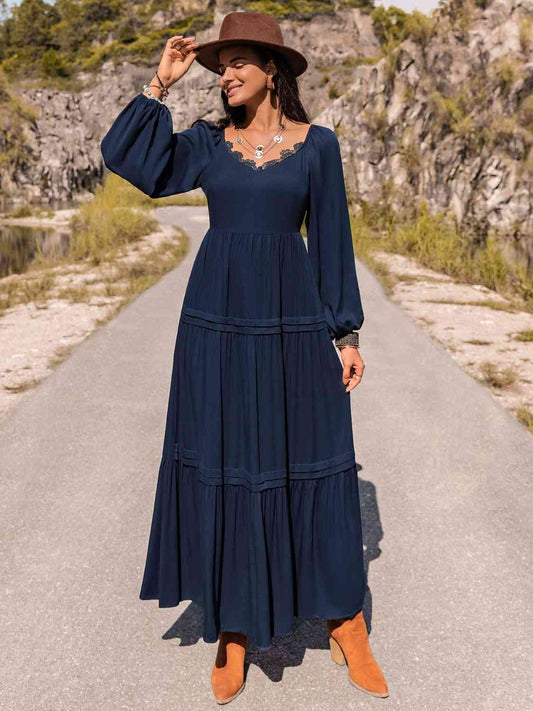 Long Sleeve Lace Trim Maxi Dress in NavyMaxi DressBeach Rose Co.