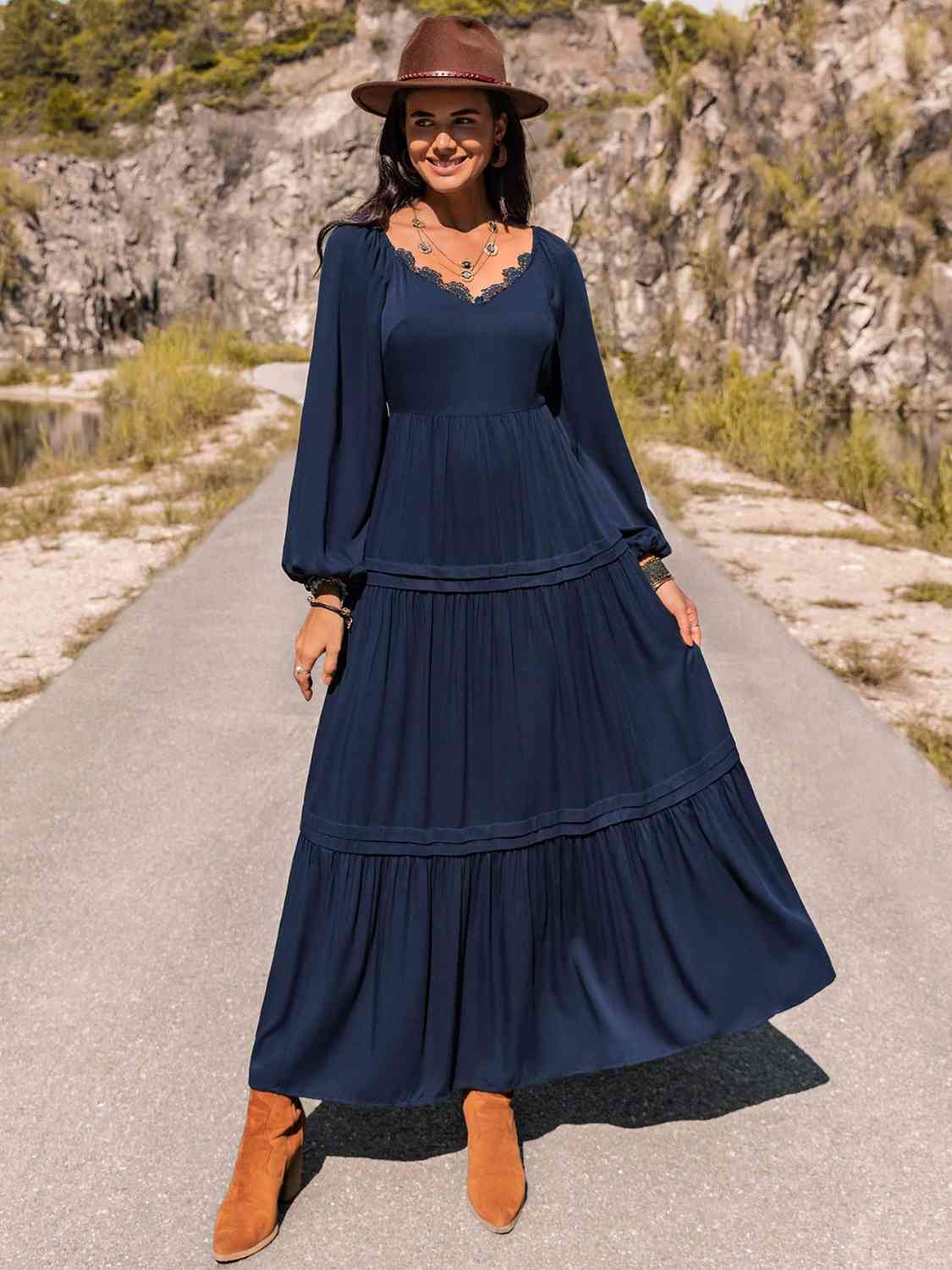 Long Sleeve Lace Trim Maxi Dress in NavyMaxi DressBeach Rose Co.