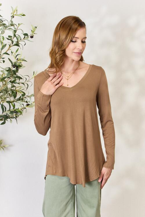 Long Sleeve V-Neck Top in Deep CamelTopZenana