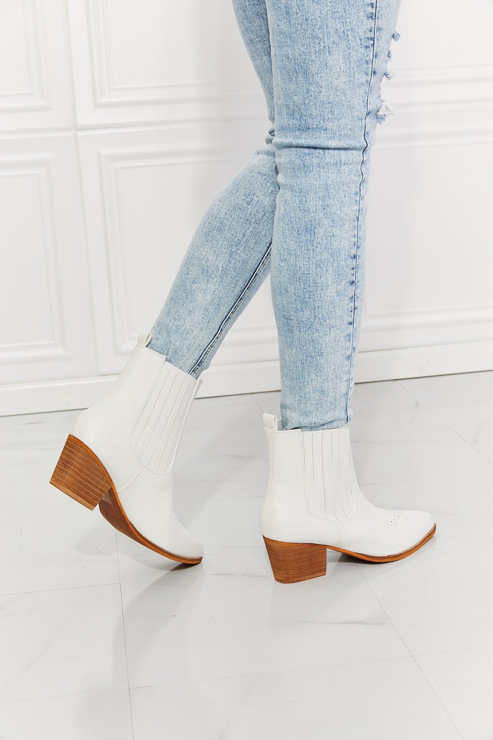 Vegan Leather Stacked Heel Chelsea Boot in WhiteBootiesMelody