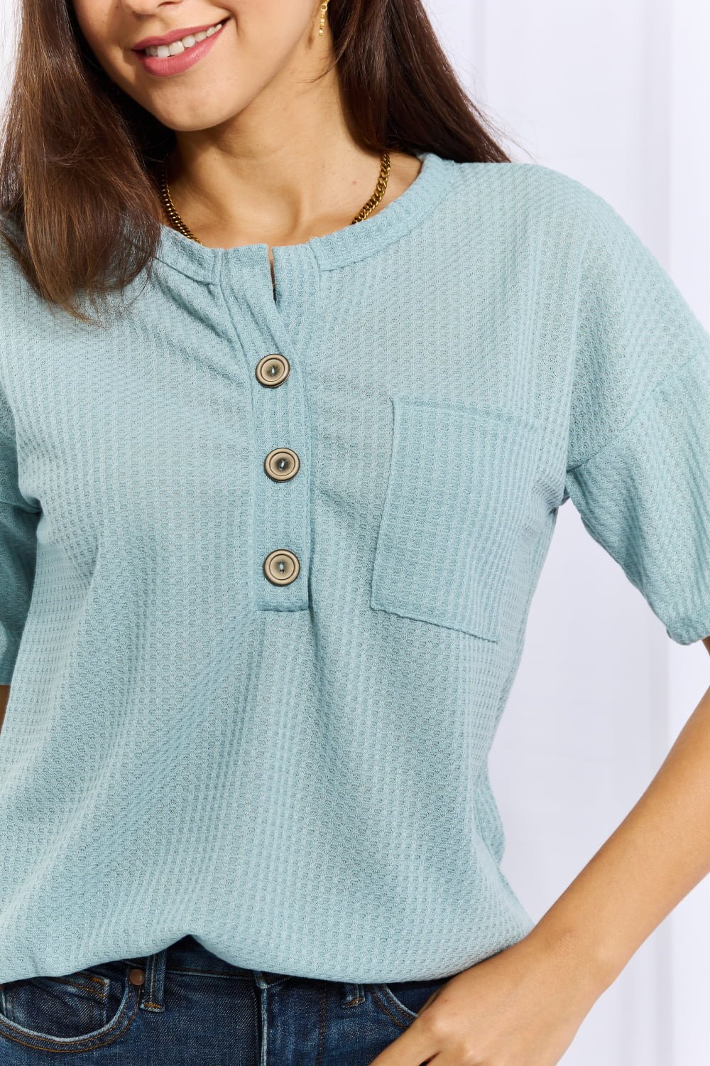 Quarter Button Down Waffle Knit Top in Pastel BlueTopHeimish