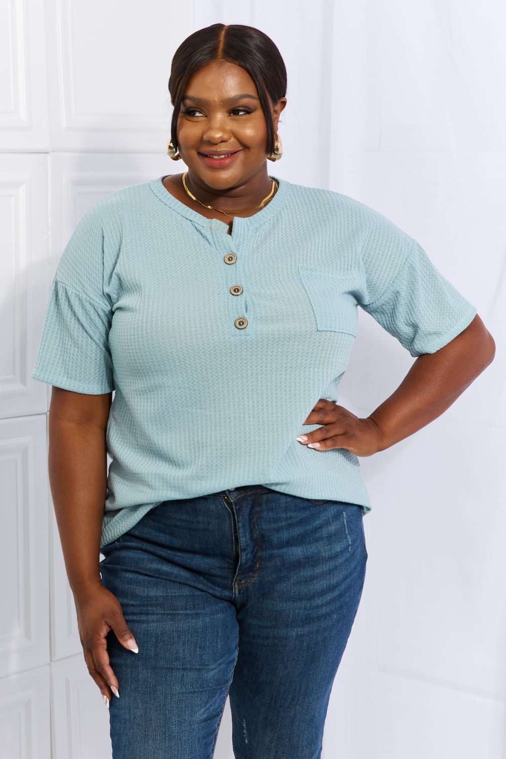 Quarter Button Down Waffle Knit Top in Pastel BlueTopHeimish