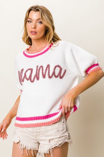 MAMA Contrast Trim Short Sleeve Sweater in FuchsiaSweaterBiBi