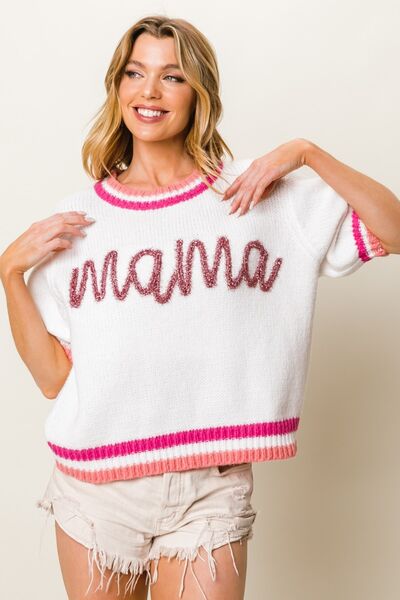 MAMA Contrast Trim Short Sleeve Sweater in FuchsiaSweaterBiBi