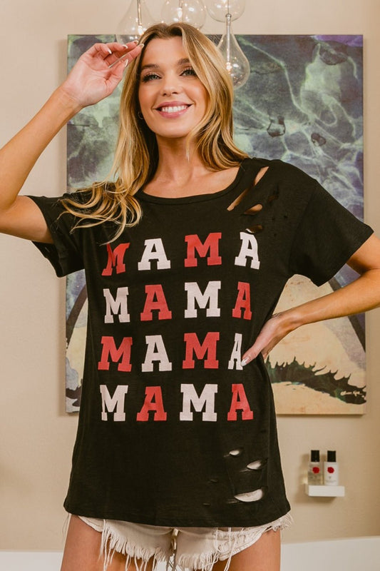 MAMA Graphic Distressed Short Sleeve T-Shirt in BlackT-ShirtBiBi