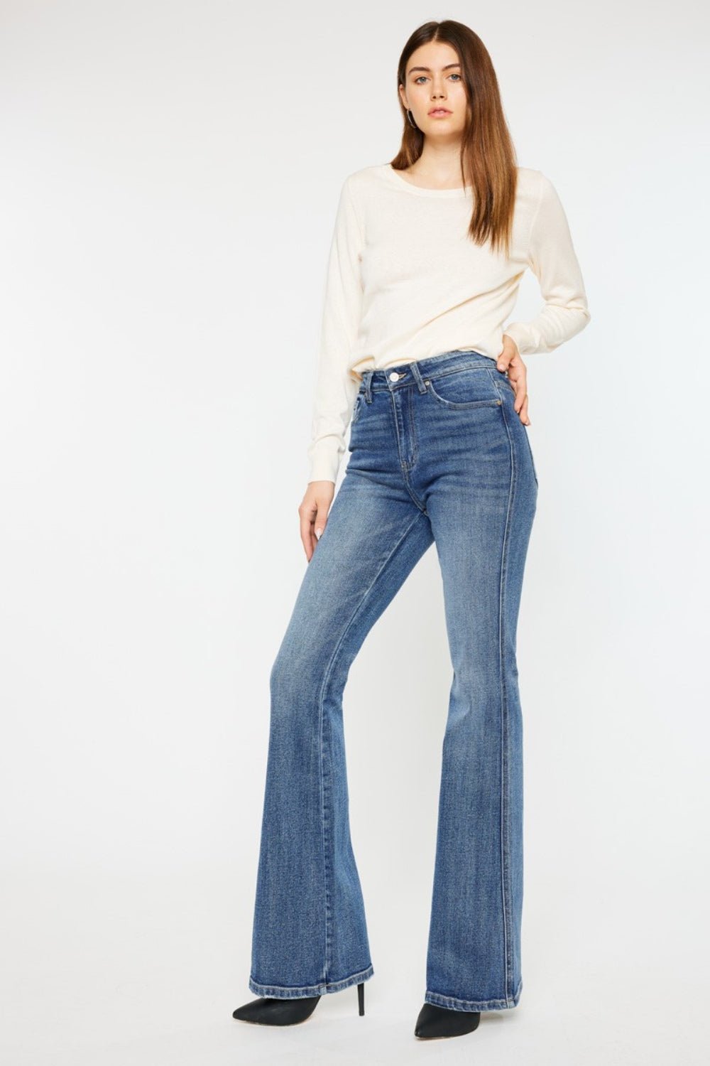 Medium Wash Distressed High Waist Flare JeansJeansKancan