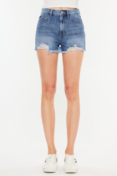 Medium Wash Distressed Raw Hem High Waist Denim ShortsShortsKancan