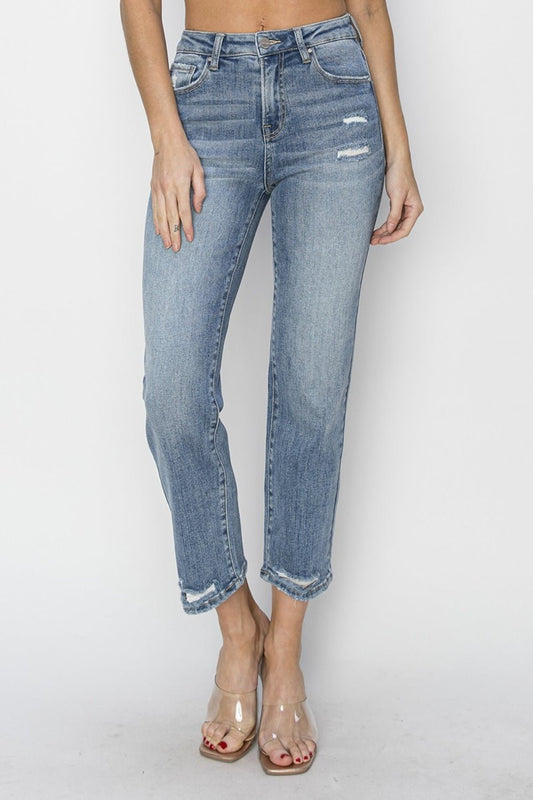 Medium Wash High Waist Distressed Cropped JeansJeansRISEN