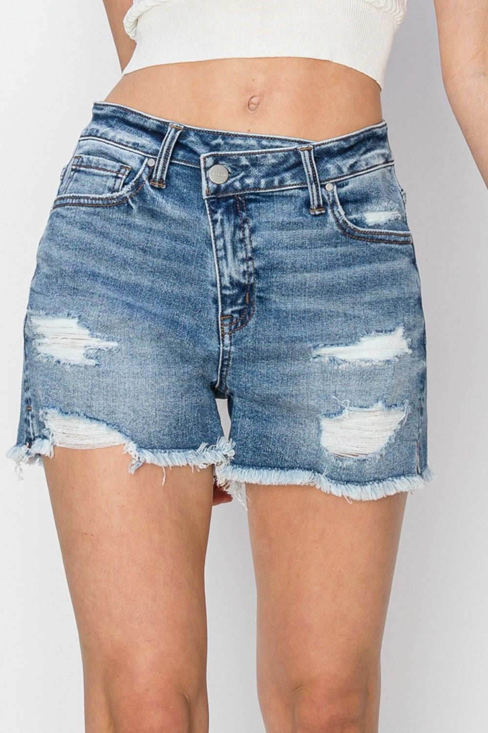 Medium Wash Stepped Waist Frayed Denim ShortsShortsRISEN