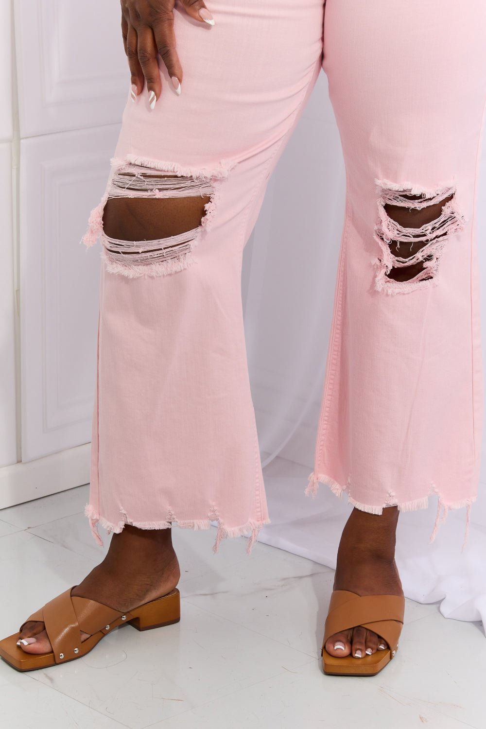 Distressed Ankle Flare Jeans in Blush PinkJeansRISEN