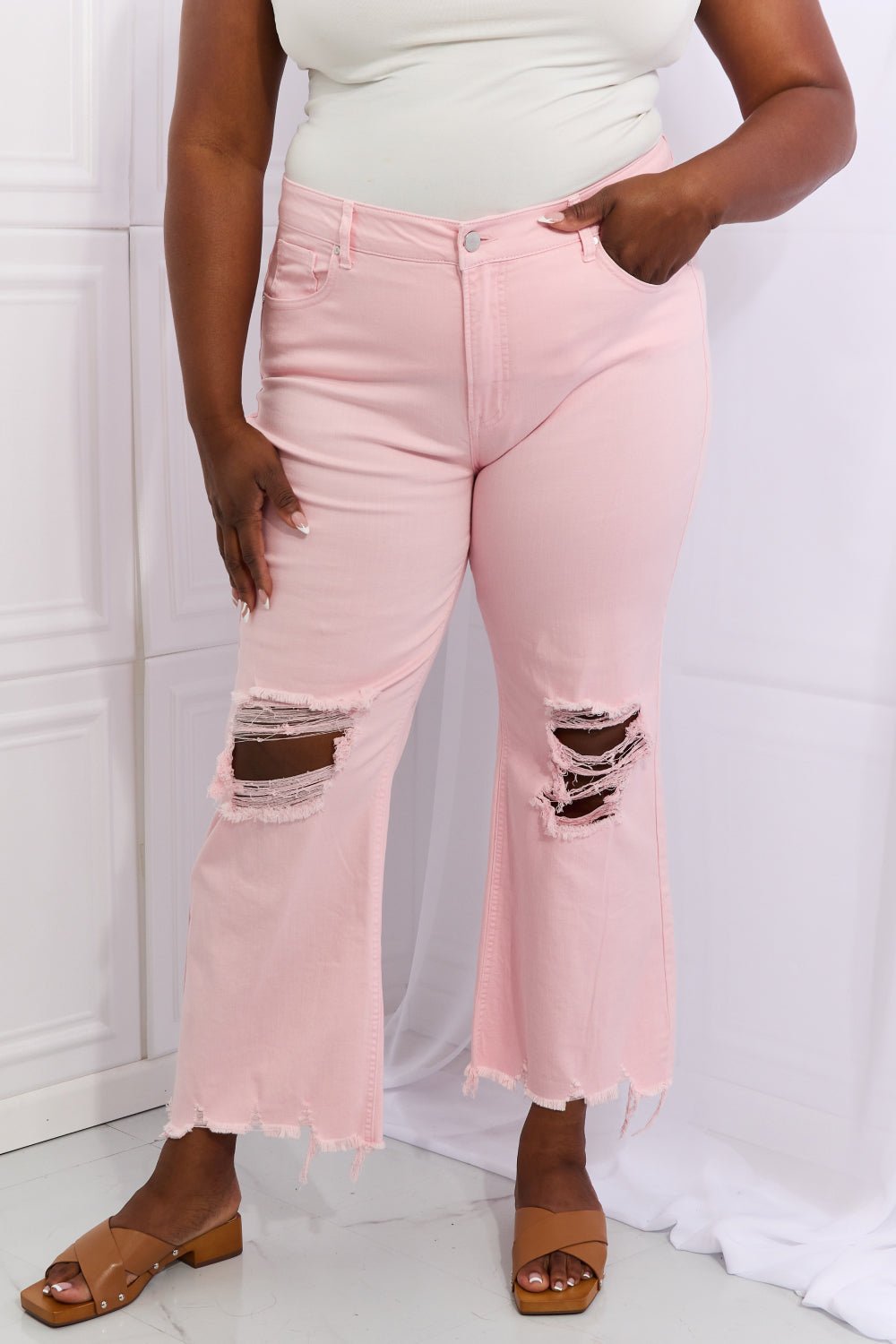 Distressed Ankle Flare Jeans in Blush PinkJeansRISEN
