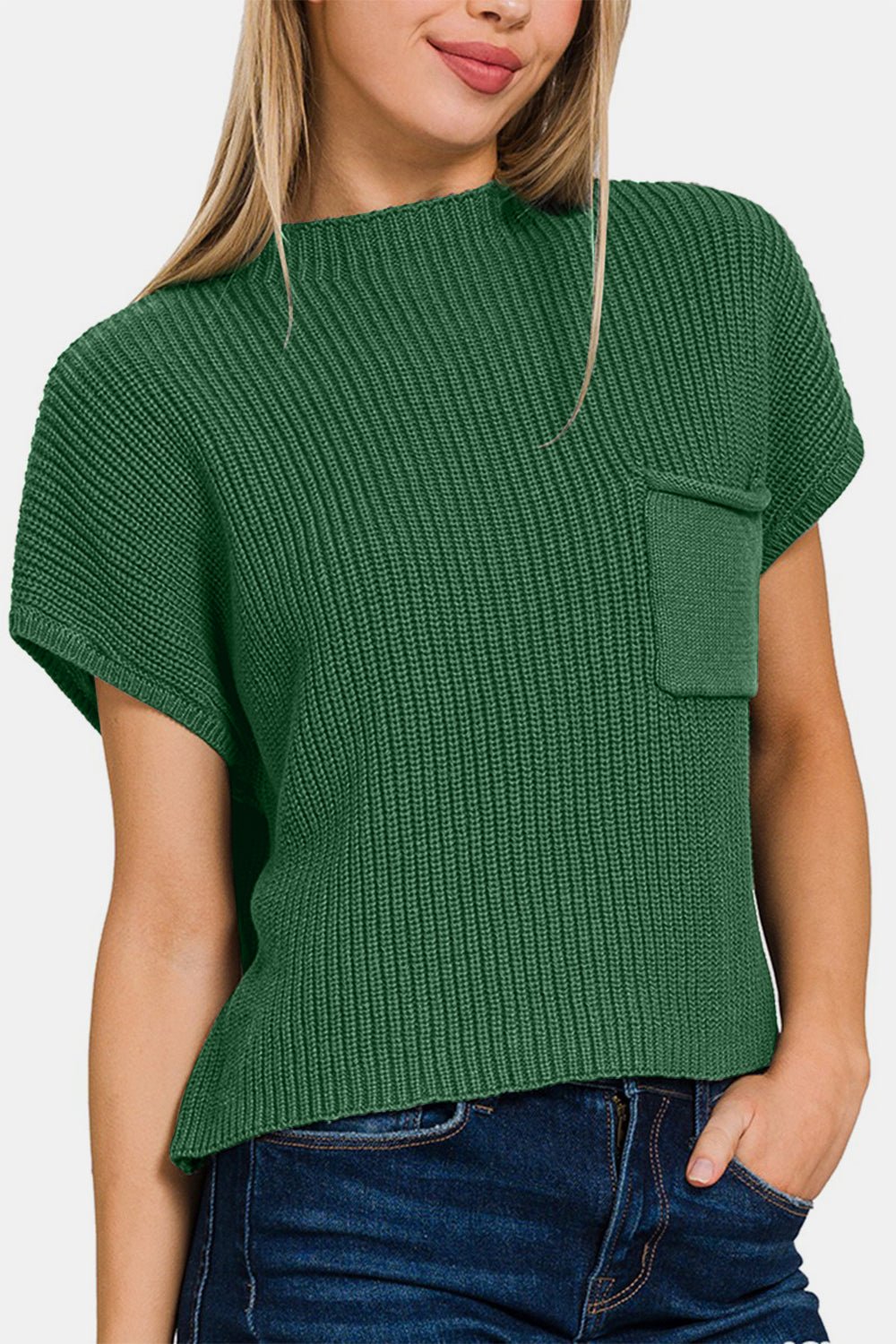 Mock Neck Short Sleeve Cropped Sweater in Dark GreenSweaterZenana