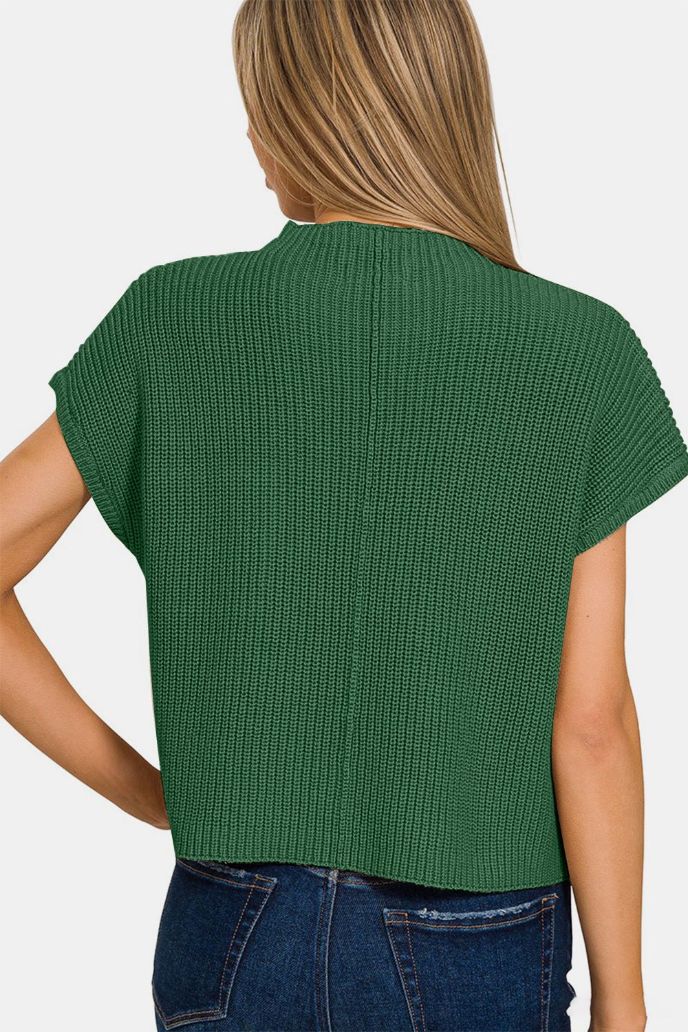 Mock Neck Short Sleeve Cropped Sweater in Dark GreenSweaterZenana