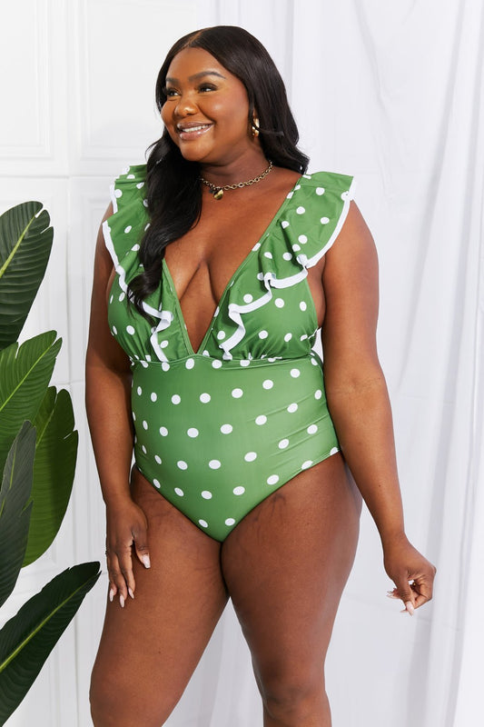 Ruffle Plunge Neck Swimsuit in Mid Green Polka DotSwimsuitMarina West Swim