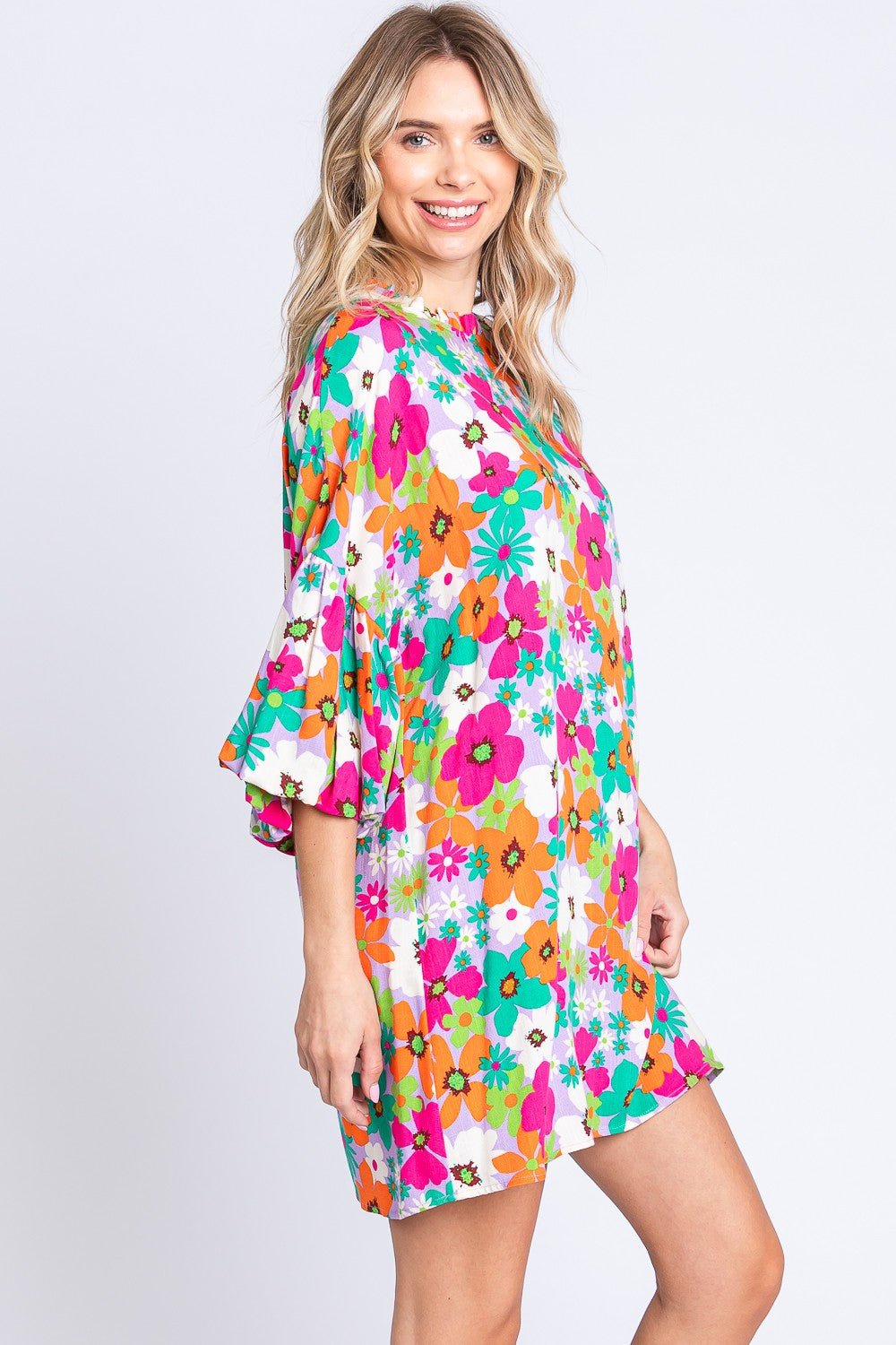 Multicolor Floral Crew Neck Lantern Sleeve Mini DressMini DressGeeGee