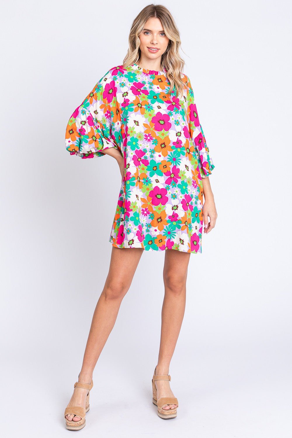 Multicolor Floral Crew Neck Lantern Sleeve Mini DressMini DressGeeGee