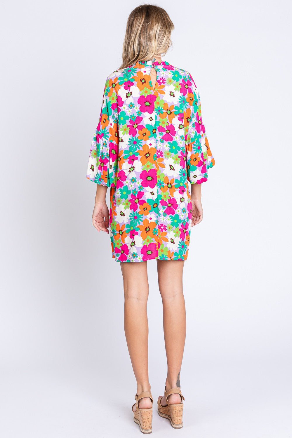 Multicolor Floral Crew Neck Lantern Sleeve Mini DressMini DressGeeGee