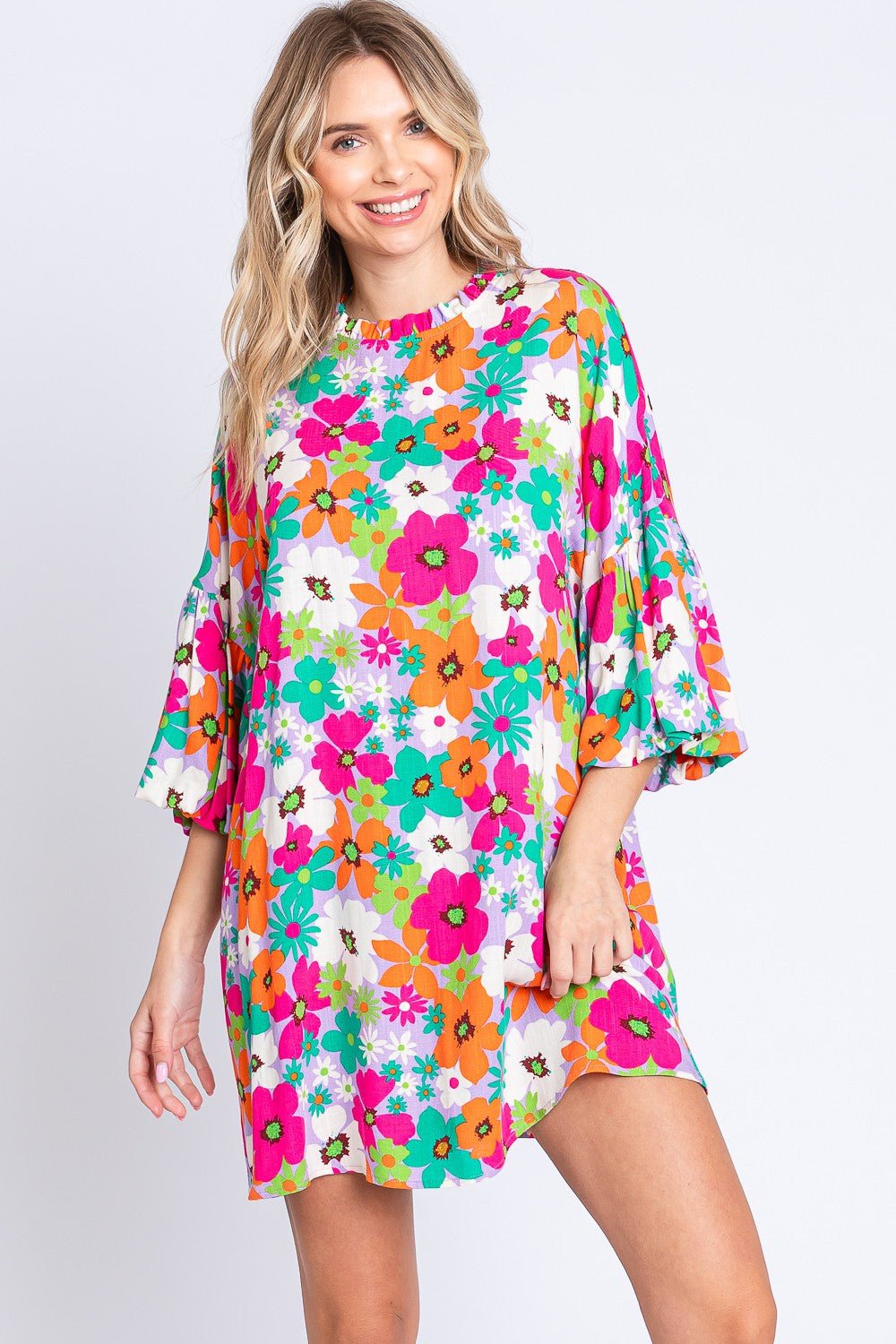 Multicolor Floral Crew Neck Lantern Sleeve Mini DressMini DressGeeGee