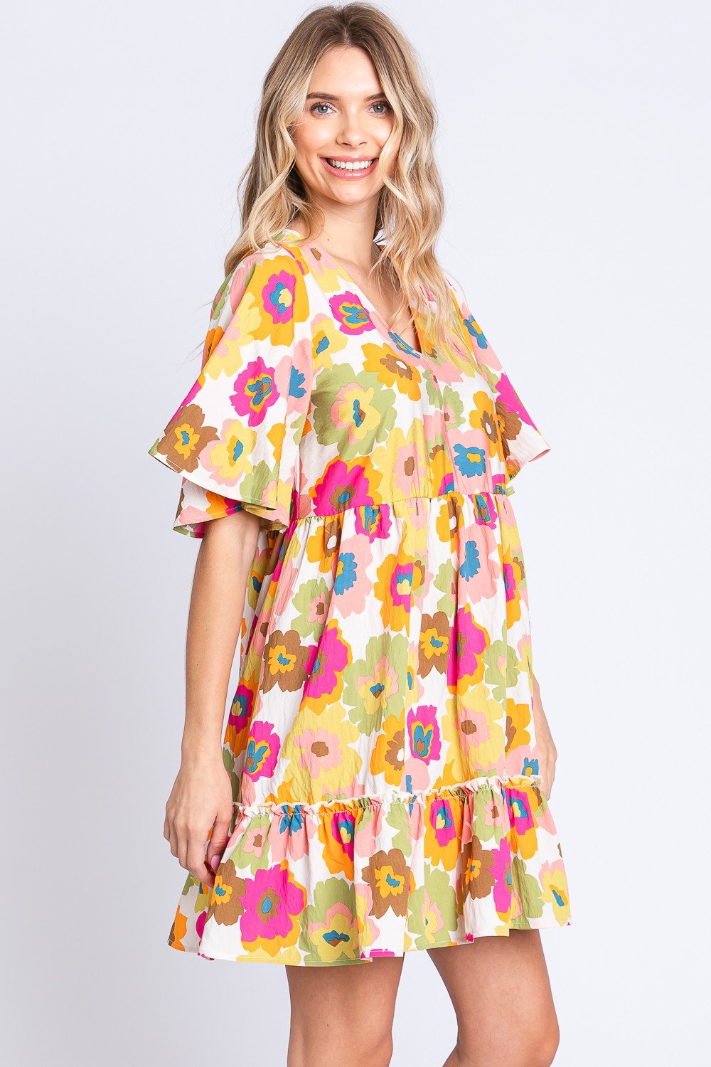 Multicolor Floral V-Neck Ruffle Trim Mini Dress in Off-WhiteMini DressGeeGee