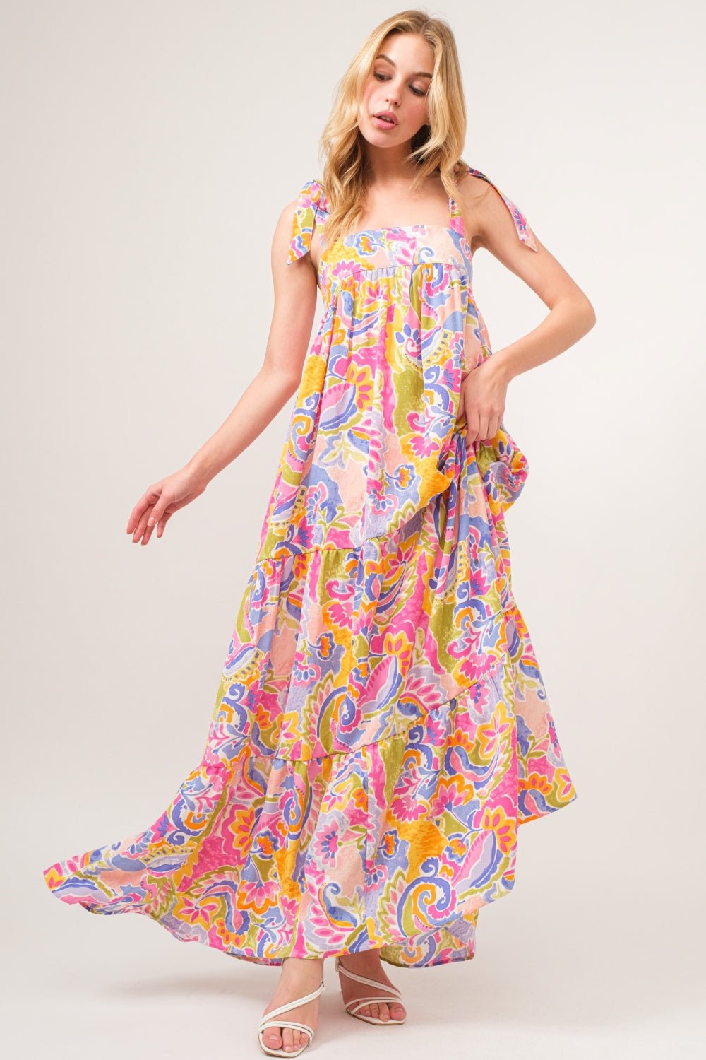 Multicolor Print Tie Shoulder Tiered Maxi DressMaxi DressAnd the Why
